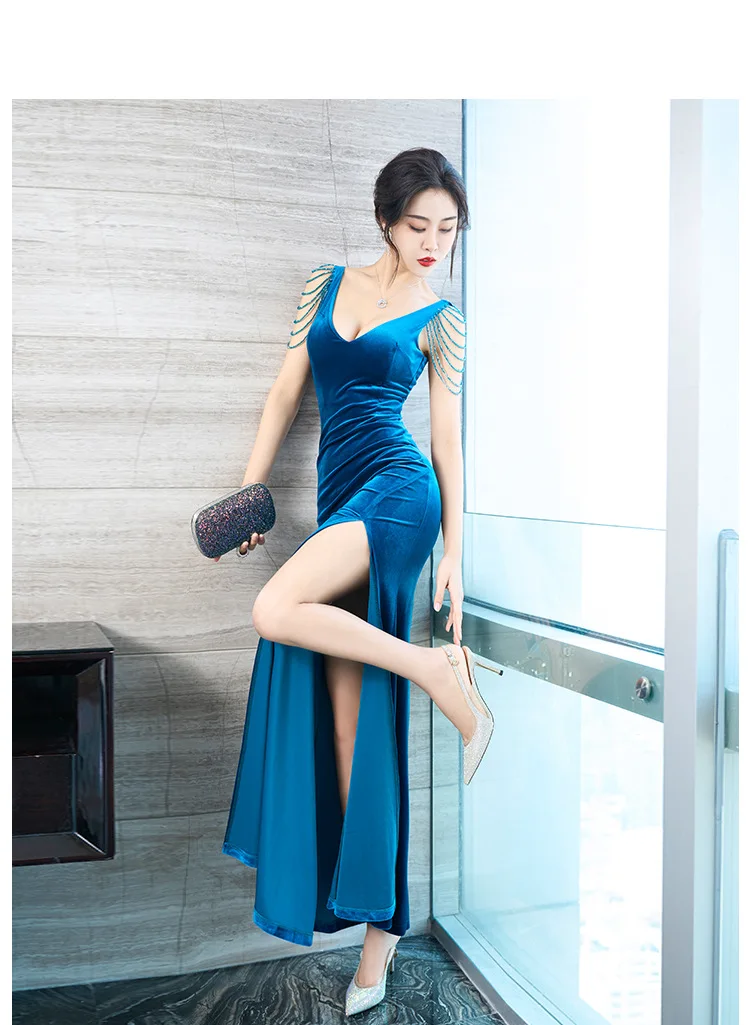 Women Maxi Trumpet Ball Gown Eye-Catching Formal Party Long Evening Dresses Sexy V Neck Modest Evening Gowns with Tassels