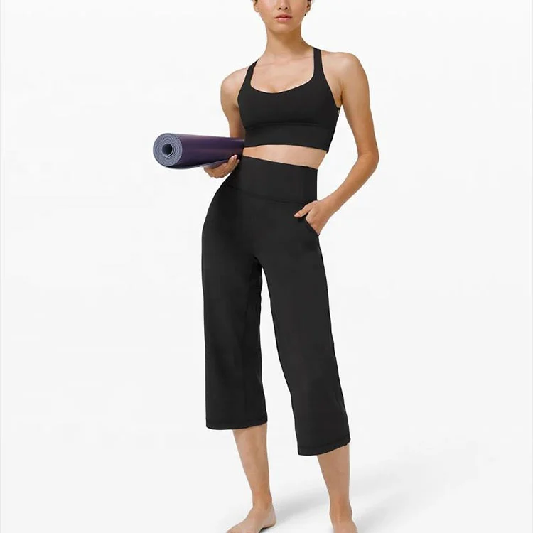 Wholesale ladies fashion trousers design black high waist wide leg cropped ladies capri trousers lady trousers