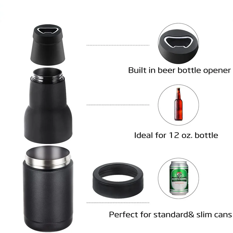 3 in 1 Can and Beer Bottle Double Wall Stainless Steel Insulated wine Can Cooler with Beer Opener 12oz Black