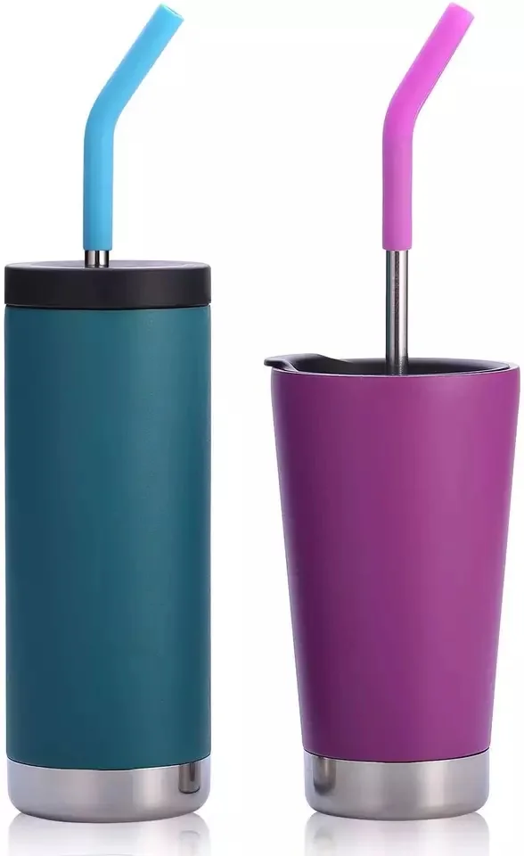 8 .5' Bent Reusable Metal Drinking Straw With Silicone Tips
