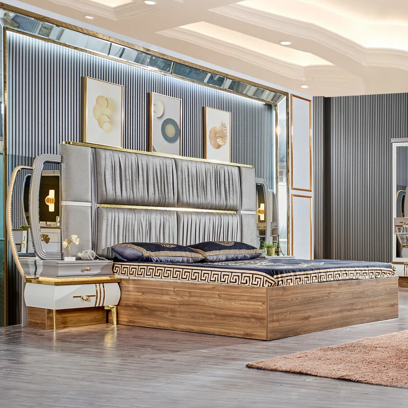 Classic Royal Wood Frame King Size Double Bed Set Modern Villa Home Wooden Mdf Queen Full King Size Bedroom Sets Furniture