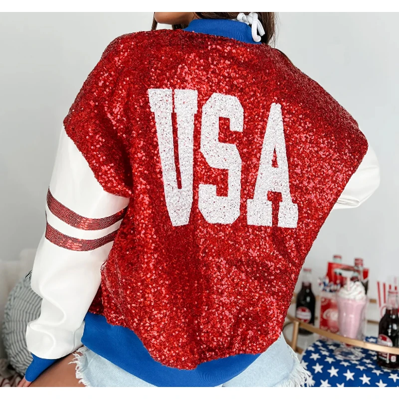 Sequin American Flag Bomber Jacket Faux Leather Sleeves USA Sequin Colorblock Letterman Jacket America Sequin Bomber Jacket
