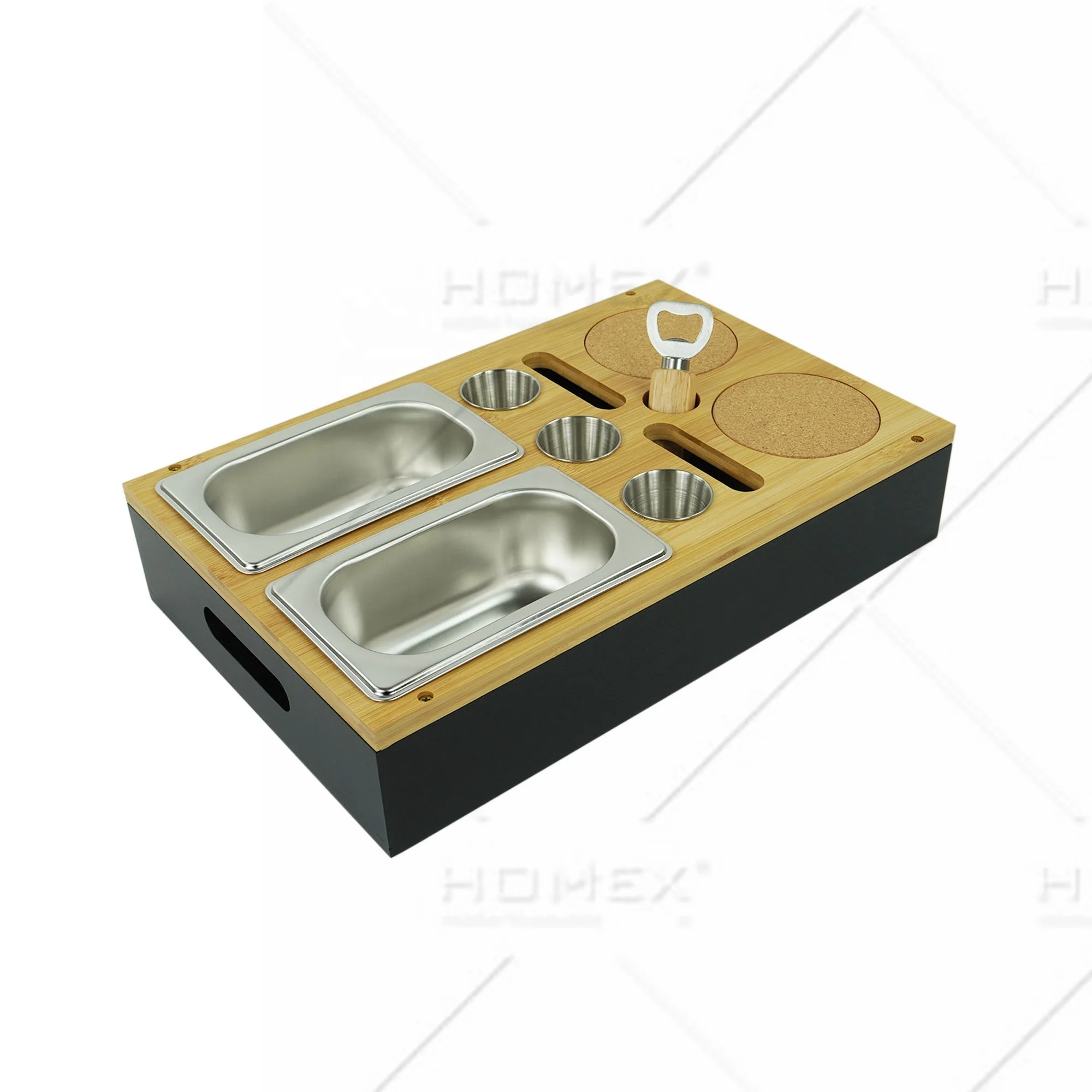 Bamboo Wood Couch Bar - Organiser with Drink Holder 2 Snack Bowls Mobile Phone and Removable Lid