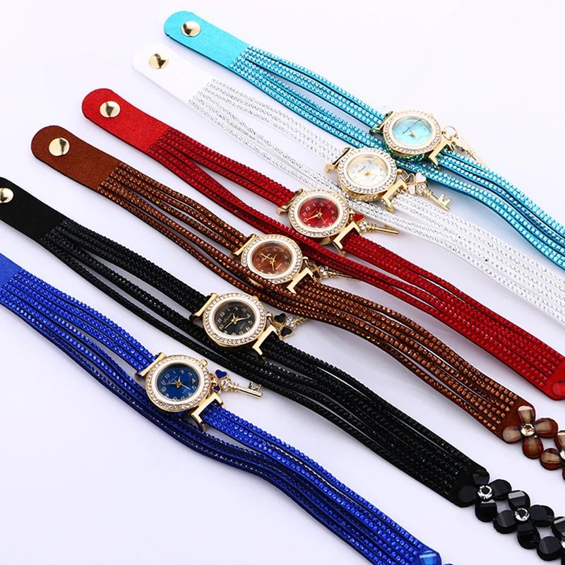 Fancy Flower Crystal Wrap Bracelet Quartz Wristwatch Casual Leather Rhinestone Strap Key Pendant Watch Relogio Feminino For Lady