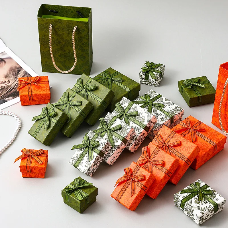 Engagement wedding jewelry box packaging paper green orange custom gift box jewelry necklace earring boxes