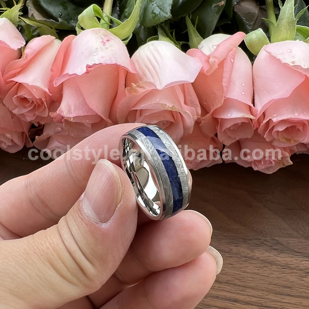 8mm Men Women Wedding Band Titanium Rings Real Meteorite & Lapis Inlay Domed Comfort Fit Tungsten Stainless Steel Available