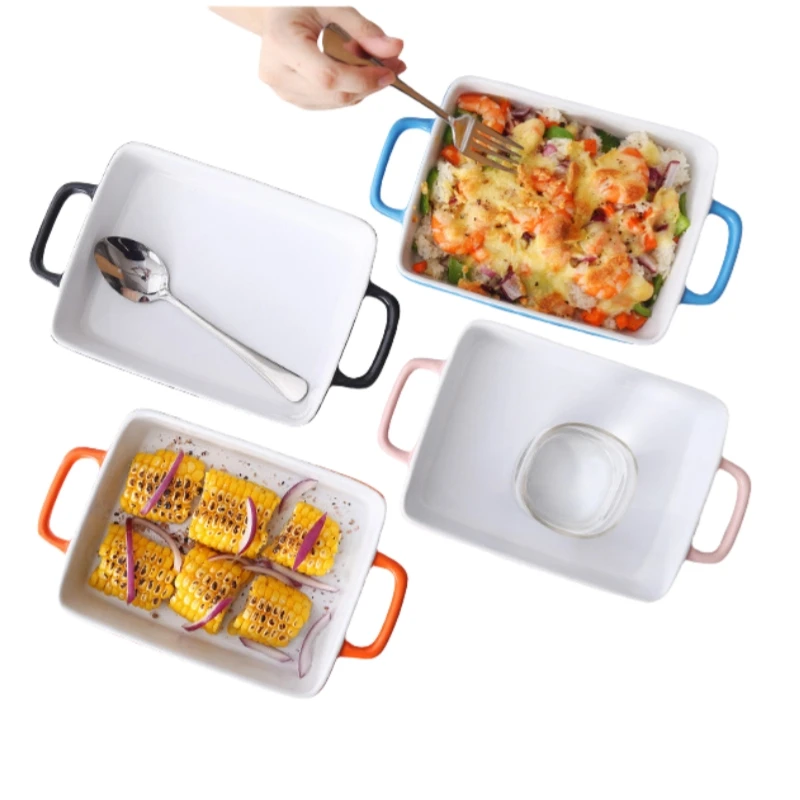 Restaurant Kitchenware Cooking Square Baking Pans Baking Tray With Two Ears Rectangular Household Kitchen Ceramic Baking Tray