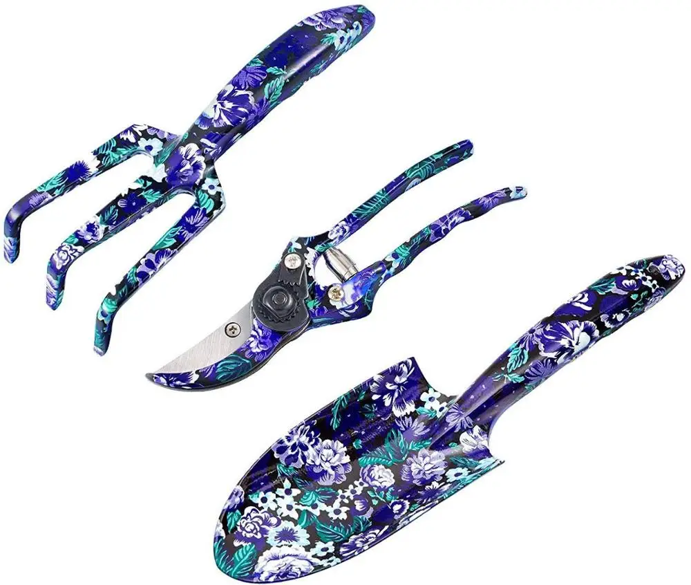 Vegetable Flower Gardening Tool 3 Piece Hand Purple Aluminum Floral Print Garden Tool Set With Trowel Rake Pruning Shears