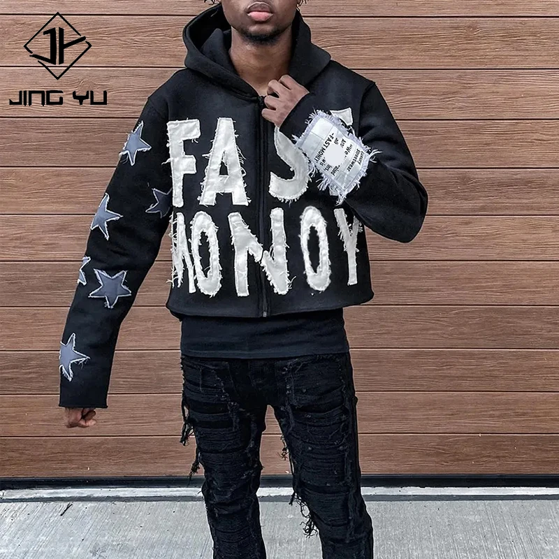 Custom manufacturer label distressed embroidery patch french terry streetwear acid washed boxy zip up cropped hoodie men