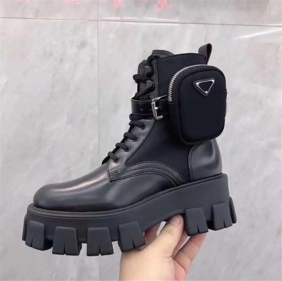 Designer Italy women Monolith brushed rois leather and nylon boot military inspired Removable strap with nylon pouch Rubber sole