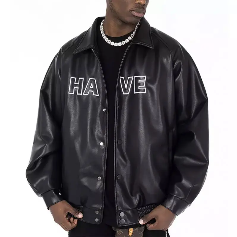 Fashion Style Winter Waterproof Button Pu Faux Leather Jacket Embroidery Logo Leather Motorcycle Biker Men Jacket