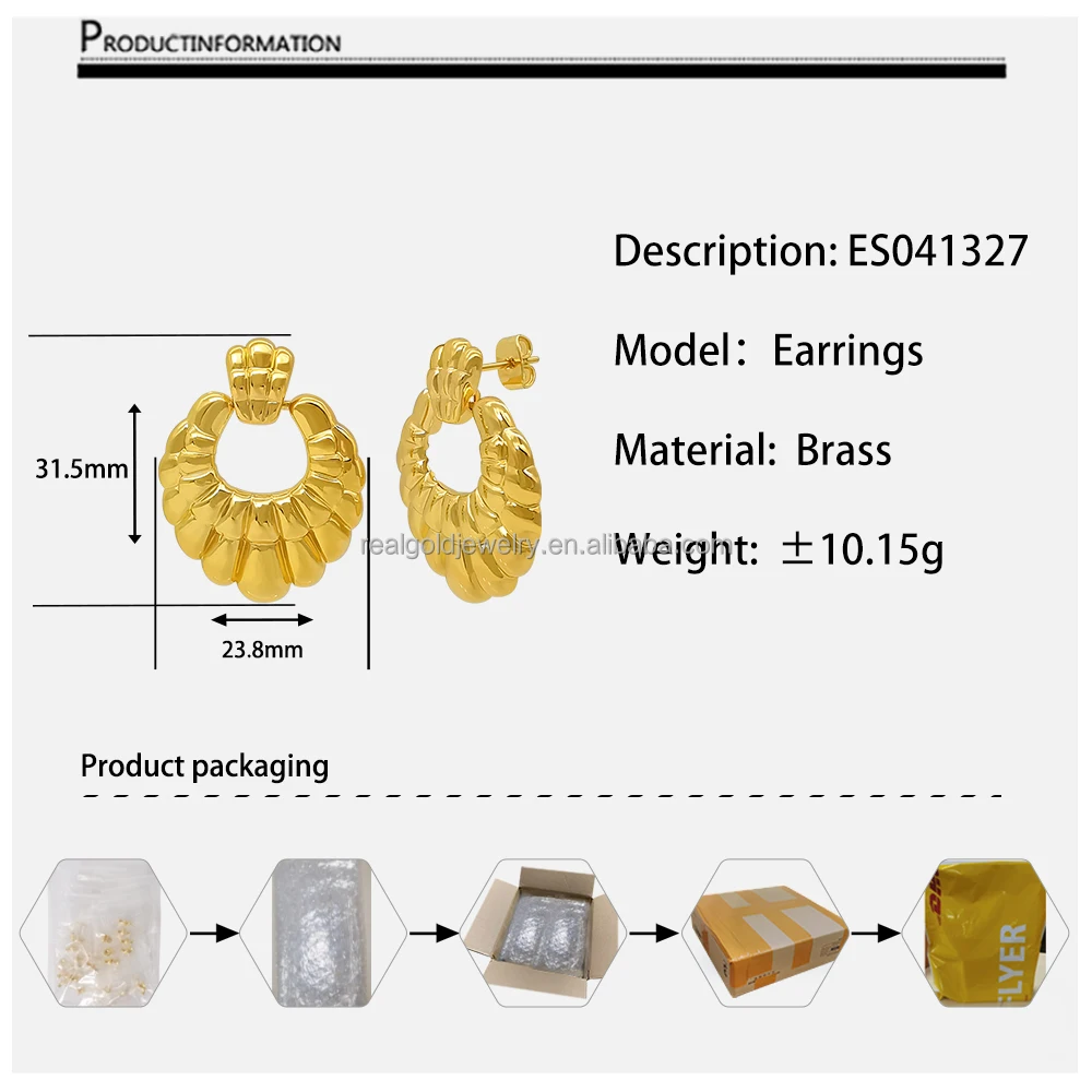 Fashionable Jewelry Plain Brass Earrings With Unique Design For Woman Big Nice Gold Color Plated Brass Earring Wholesale