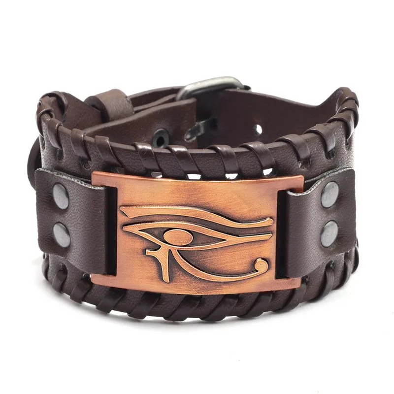 Eye of Horus Leather Bracelet - Ancient Metal Leather Bracelet with Egyptian Amulet