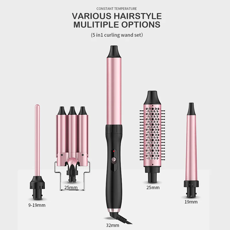 Ulelay Ceramic 3 Barrel multi combo Curling Iron Hair Curler Curling Wand Set 5 in 1 Interchangeable hair Curling Brush