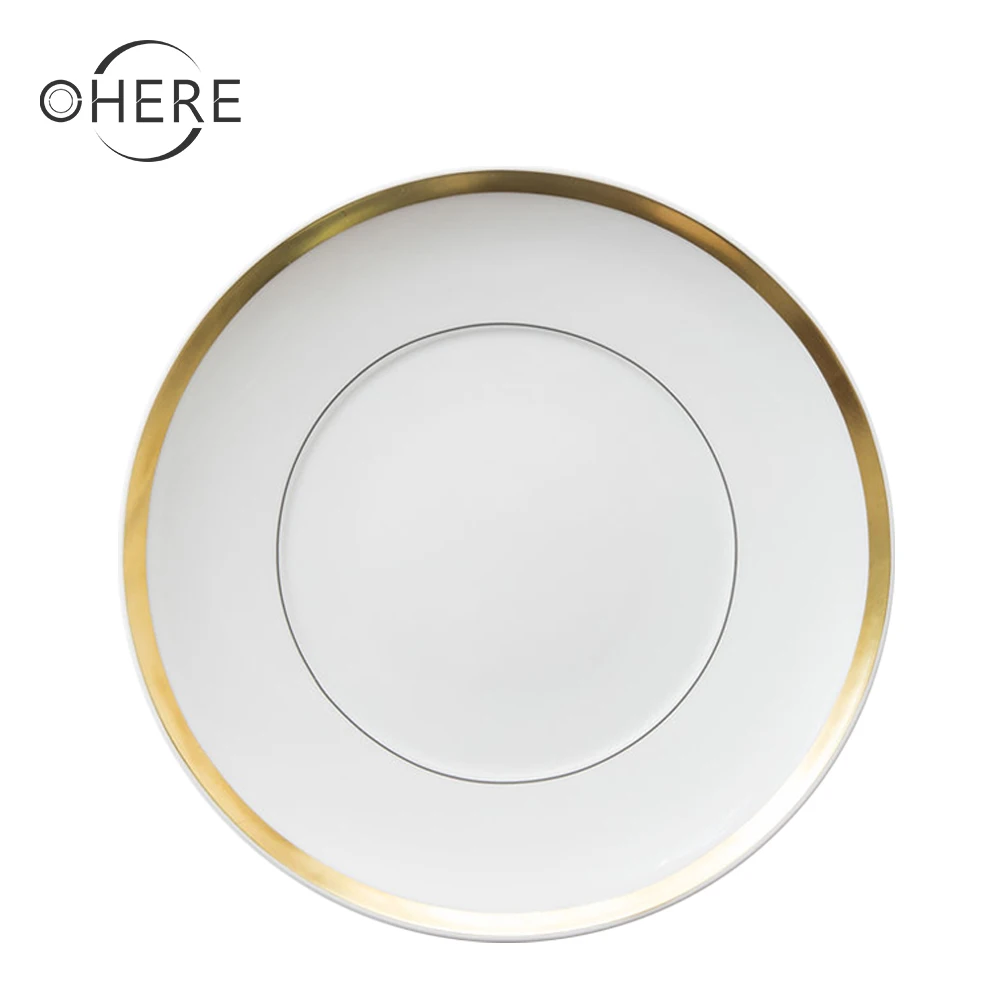 Luxury Minimalist Style Wide Gold Rim Bone china Charger Plate Dinner Set Ceramic  Wedding Tableware Set for Rental