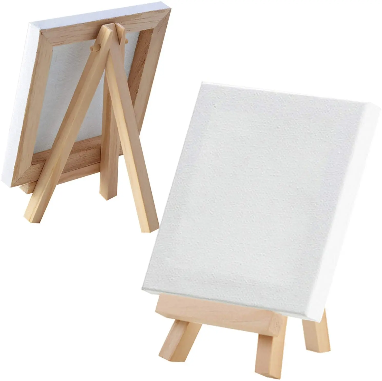 Stretched Canvas & 3 by 5 Inch Pine Wood Easel Set of 12, Tabletop Holder Stand for Painting Party