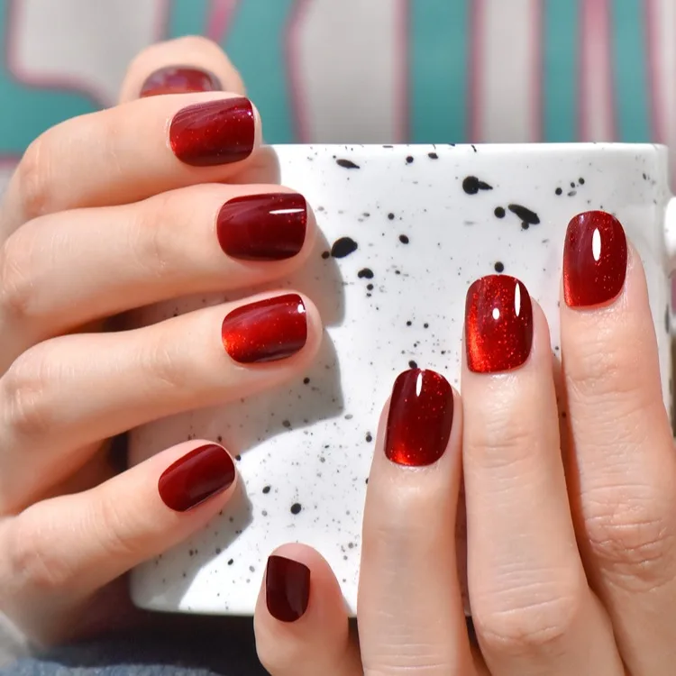 24 Pcs/Strip Square Cat Eye Press On Nail Tips Champagne Glittering Artificial Nails Red Cat Eye False Nails