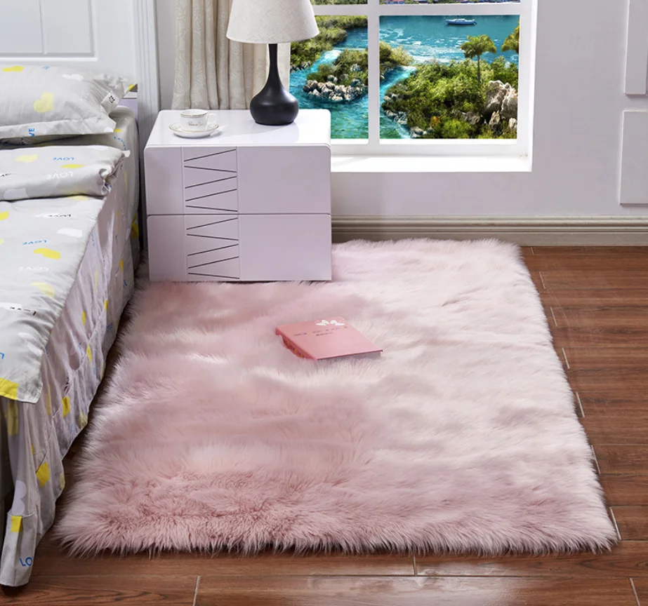 Bedroom Carpet Soft Fluffy Sheepskin Fur Area Rugs Living Room Bedroom Floor Mat White Pink Grey Warm Faux Fur Bedside Rug