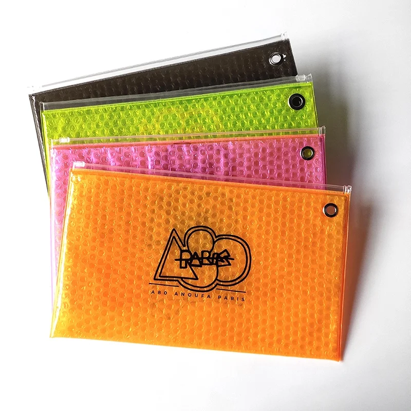 luminous colorful plastic pvc zipper bubble pouch bag with grommet