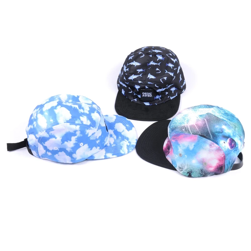 Oem custom made all over print flat brim 5 panel hats