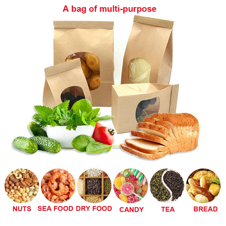 Promotional custom printing greaseproof takeaway kraft packaging fast food tin tie paper bags for bread sandwich with window