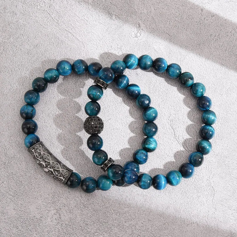 European Handmade Luxury 2Pcs/Set Elastic 10mm Micro Pave CZ Ball Natural Purple Tiger Eye Stone Beaded Bracelet Set