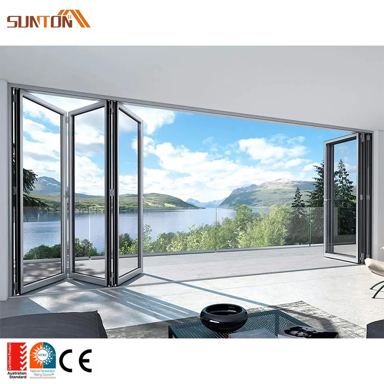 External Metal Aluminium Partition Folding Door Exterior Patio French Aluminum Alloy Glass Bi-folding Doors with Grill Design