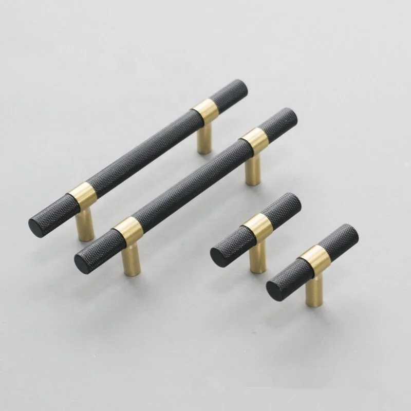 Luxury Kitchen Cabinet and Bathroom Drawer Black Knurl T Bar Gold Brass Base Handle