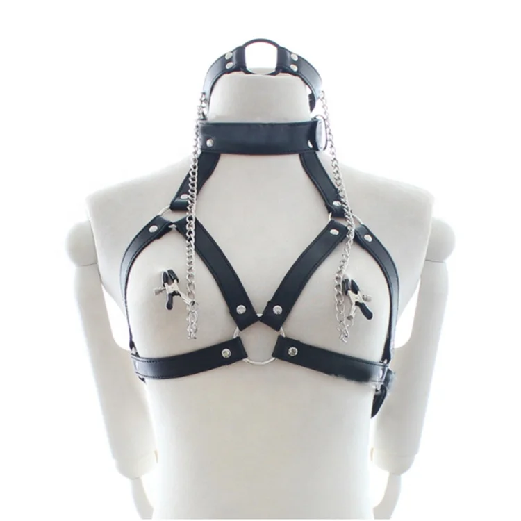 New Thrilling Feminine Fetish PU Leather Opening Tie Clip Bra Cage Gothic Adjustable Restraint Strap