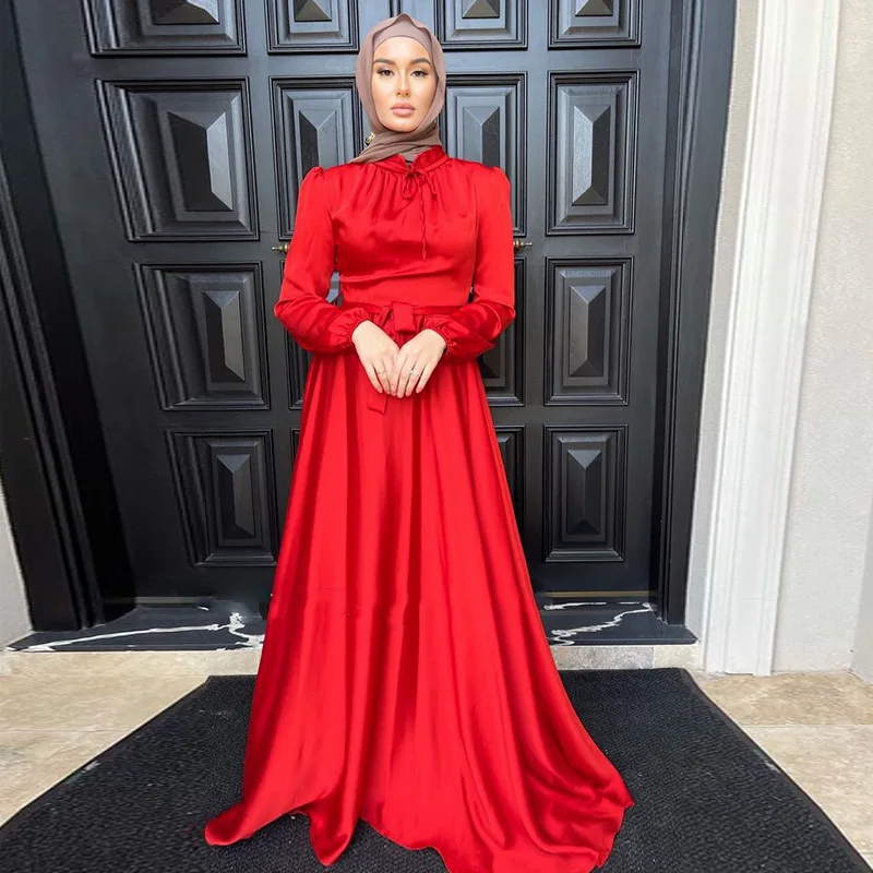 New Arrival Eid Islamic Clothing Elegant Slim Simple Muslim Satin Turkey Formal Wholesale Women Long Maxi Casual Dress
