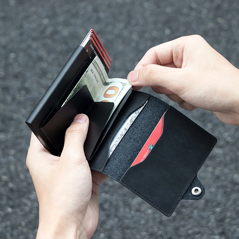 Мужской смарт-кошелек Casekey из искусственной кожи с RFID-защитой Тонкий минималистичный Алюминиевый металлический выдвижной держатель для