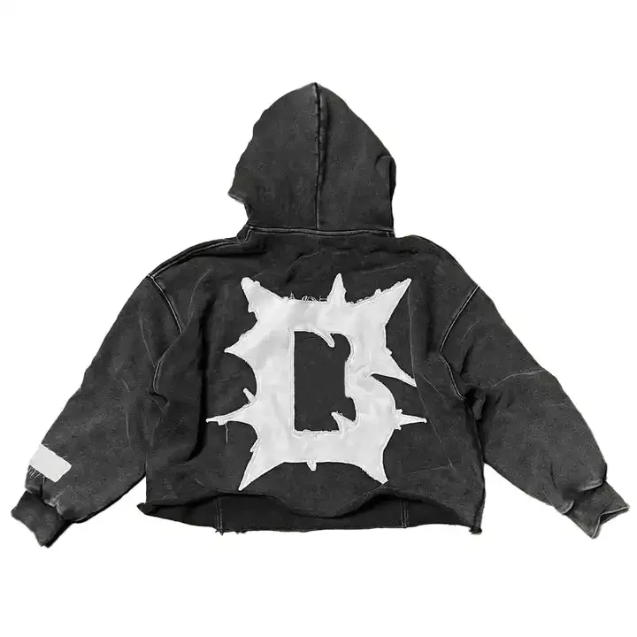 Wholesale Manufacturer Streetwear 100% Cotton Vintage cropped Hoodie Custom Mens Distressed embroidered patch Acid Wash Hoodie