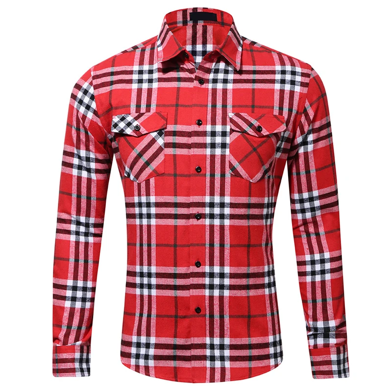 Custom Mens Casual 100 Cotton Plaid Flannel Button Down Shirt Double Pockets Dress Shirts Long Sleeve Formal
