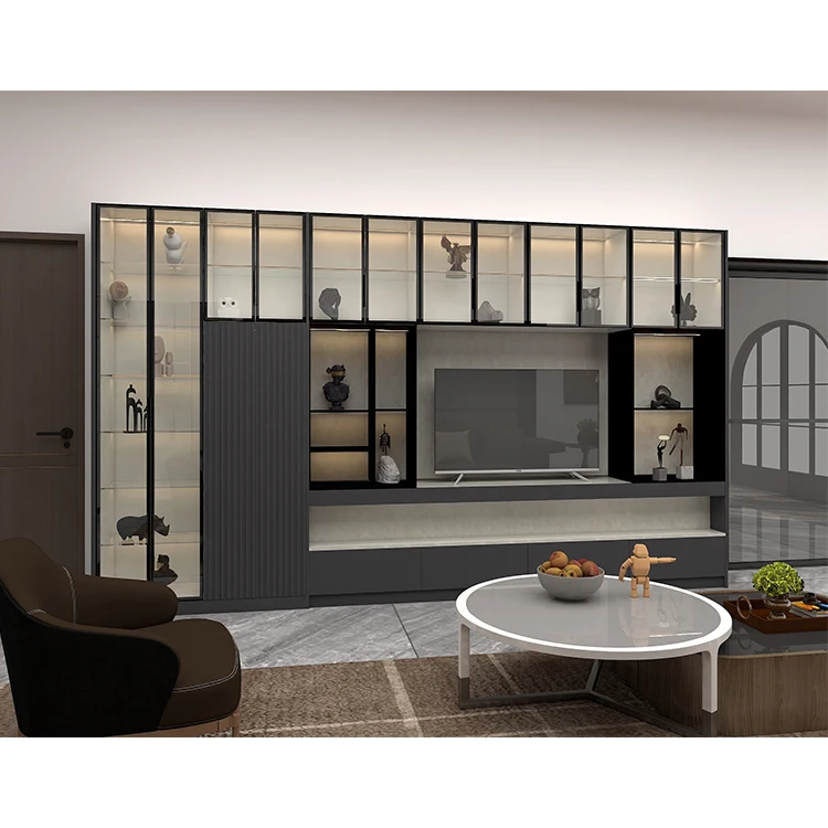 Latest living room wall hung tv light tv stand cabinets furniture set design modern luxury floating black tv units cabinet