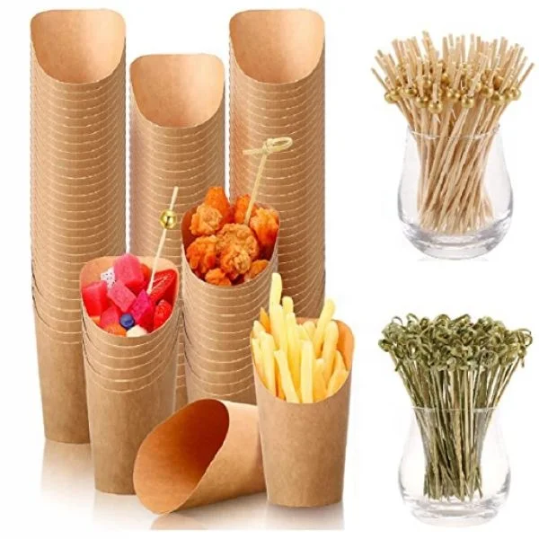14oz Disposable French Fries Cups, Appetizer Snack Cups with Bamboo Cocktail Picks Set