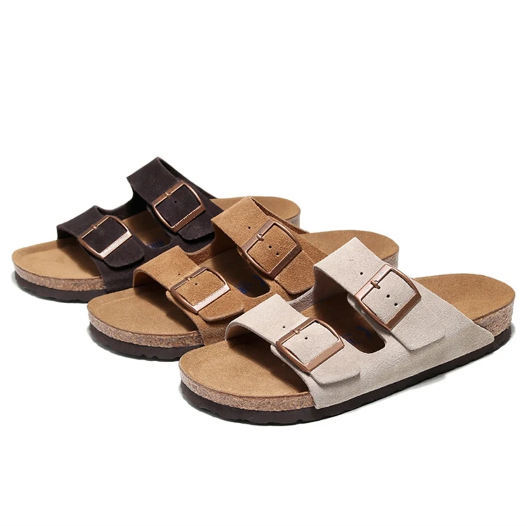 Custom Solid Cork Women Sandals Men Comfortable Sliders Cork Sole Two Buckle Straps Beach Birken Slippers