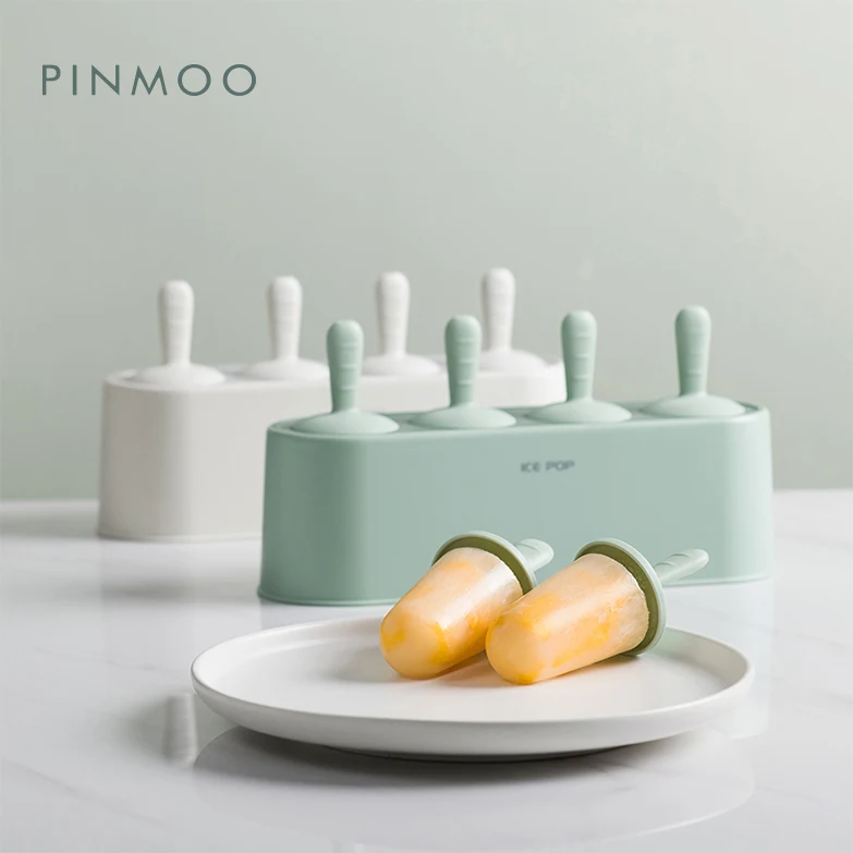Pinmoo Hot Sale 4 Cavities Cute Silicone Ice Cream Mold Popsicle Mold Ice Pop Mold with Plastic Stick