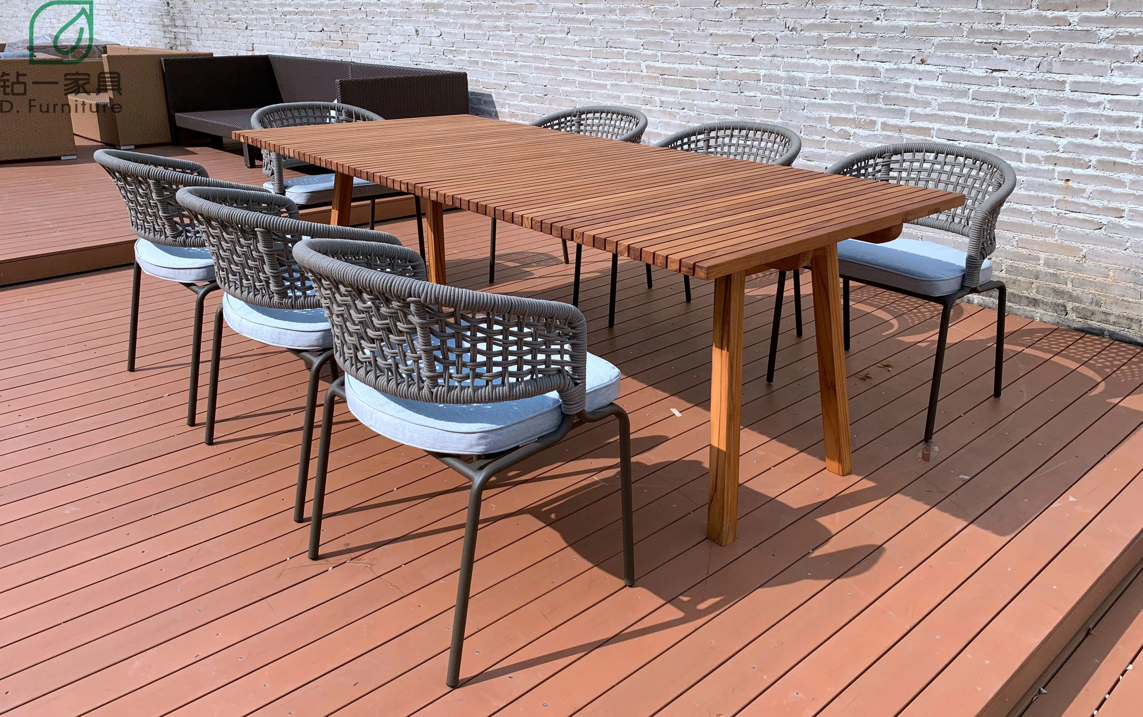 
New Design Modern Garden Outdoor Balcony Hotel Furniture Set Teak Wood Rope Metal Chair Dining 