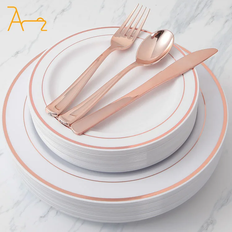 Manufacturer Customize High Quality Disposable Plastic Dinner Plates Eco Friendly Gold Square Plastic Dinnerware Set