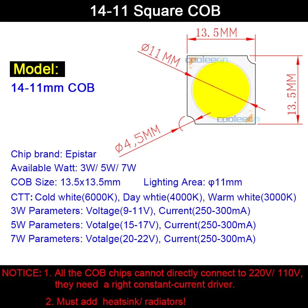 14x14 мм квадратный COB светодиодный чип для светодиодных точечных светильников 11 круглая Зона освещения 3 Вт 5 7 10 светодиодные бусины 3000K 4000K 6000K