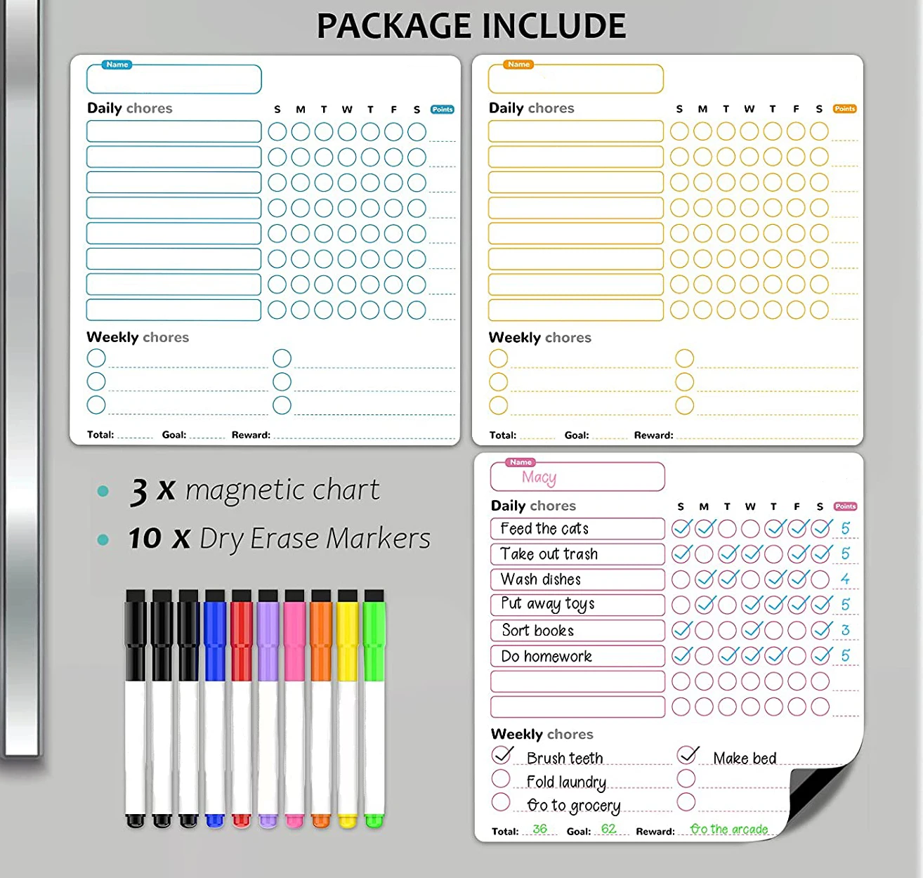 3Pcs Magnetic Dry Erase Board Behavior Chore Chart 10 Markers Reward Custom for Family Kids Daily Responsibility