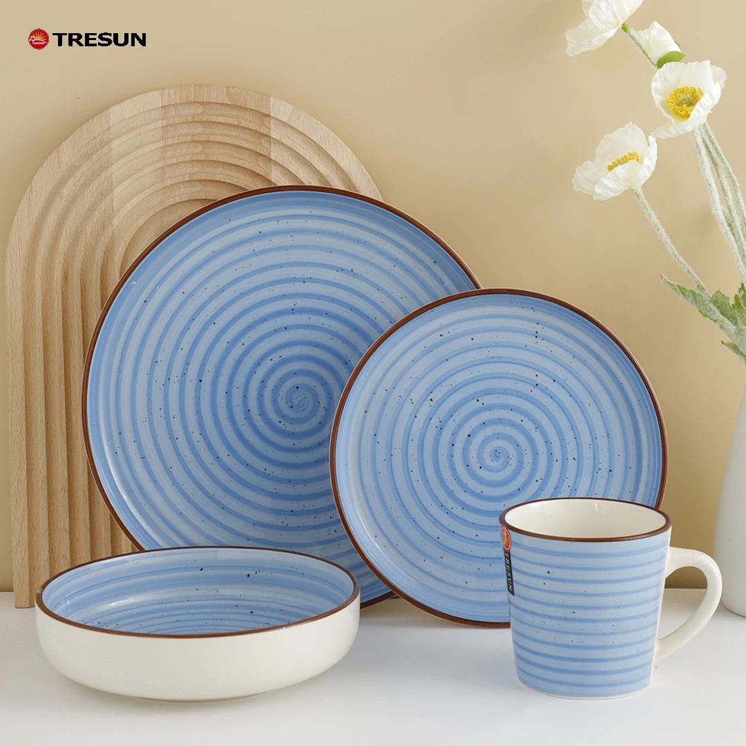 vintage look 12 24 pieces blue spirals pattern stoneware plates and bowls set dinnerware set service for 4