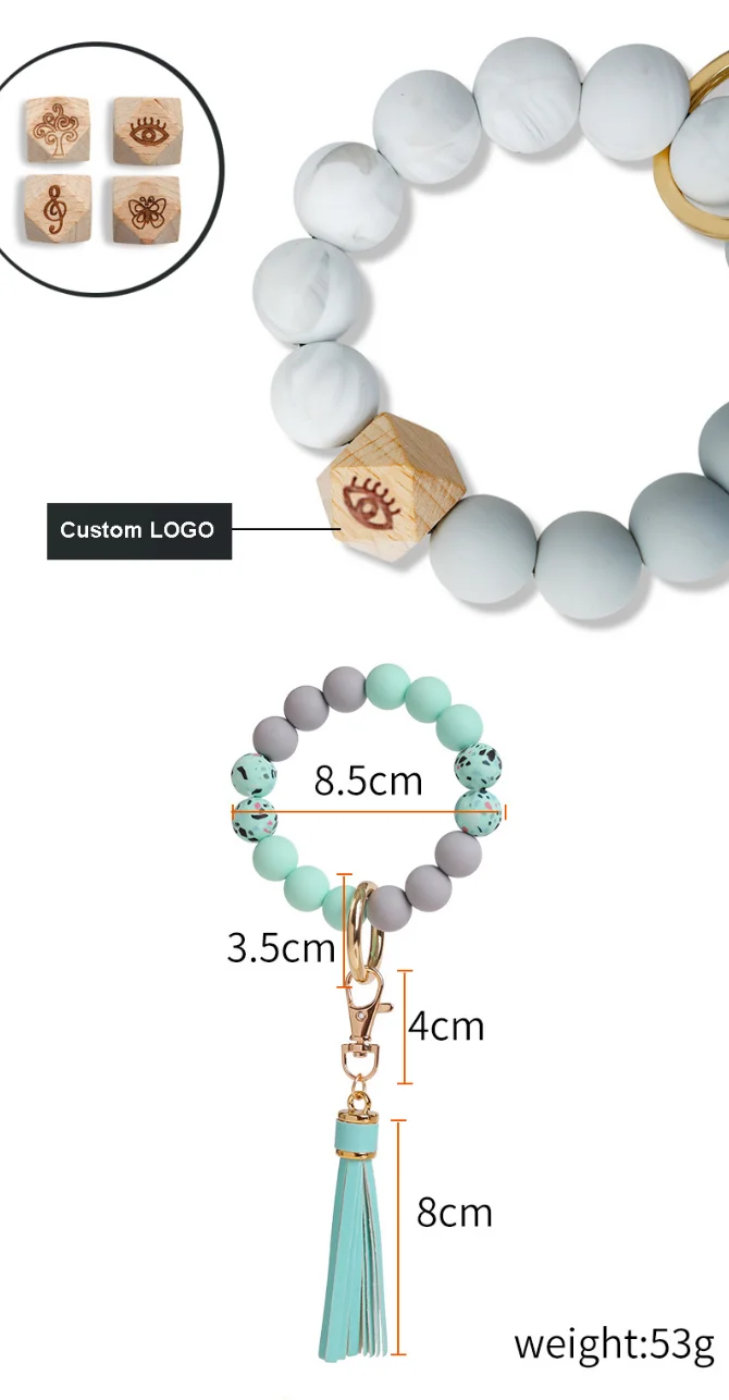 Hot selling Colorful Wood Bead Wristlet Key chain Retro Bracelet Bangle PU Leather Tassel Wristbands Keychain Accessories