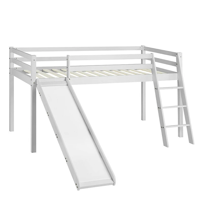 Simple Mid Sleeper Children Wooden Bunk Bed White Grey MDF Wood Kids Furniture Bunk Beds with Slide and Ladder