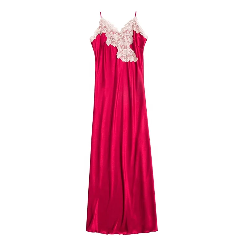 High Quality Lace trim elegant long satin Nightgown For Women
