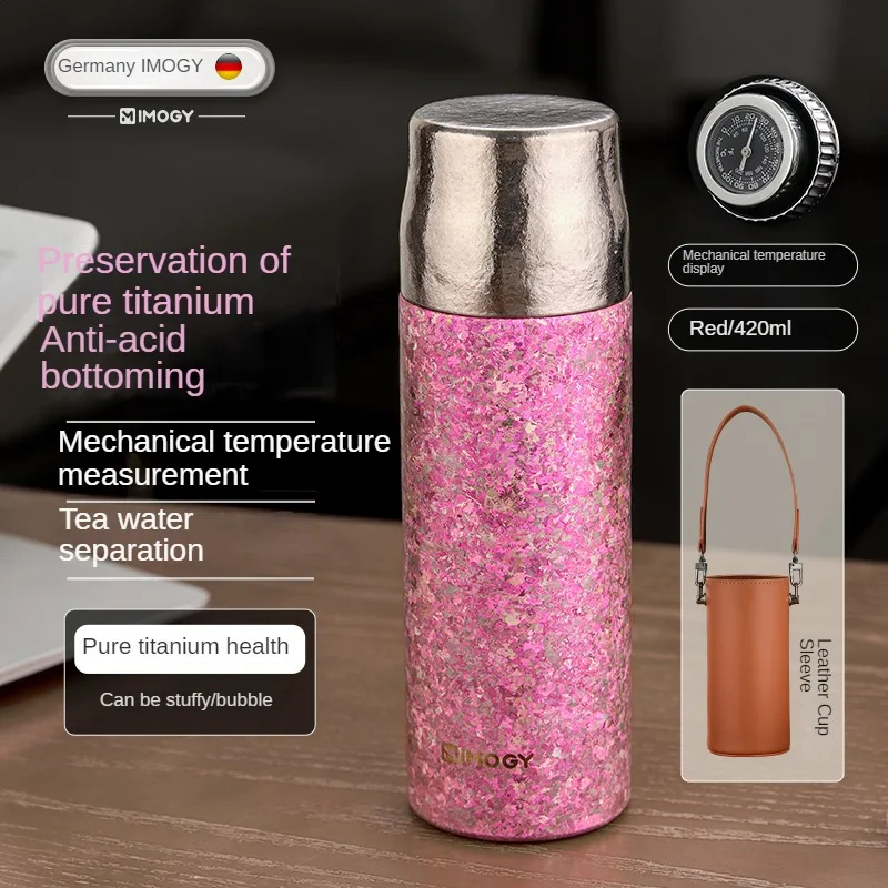 IMOGY Luxury Titanium Insulated Water Bottle Mechanical Thermometer Display Double-Layer Vacuum Antibacterial Tea Cup for Adults