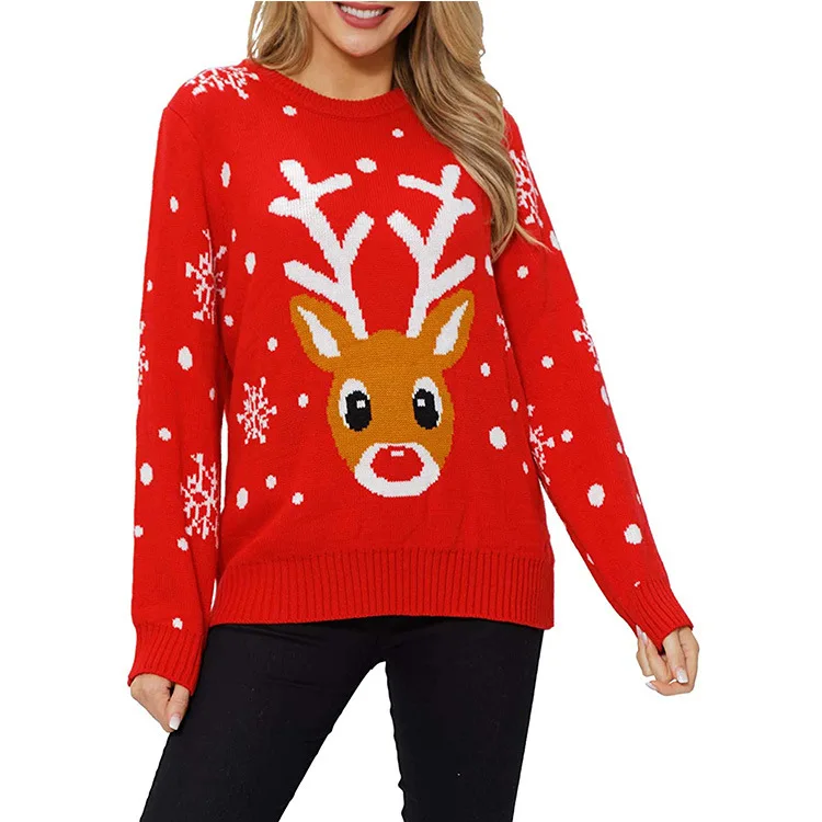 2023 Custom Holiday Red Elk Jacquard Pattern Christmas Pullover Sweater Winter Women Claus Knit Sweater