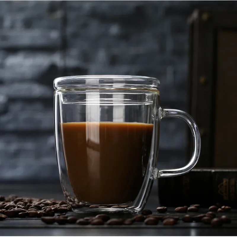 Hand Made Heat Resistant Borosilicate Glass Double Wall Coffee Cups Clear Coffee Mug Set with Handle and lid