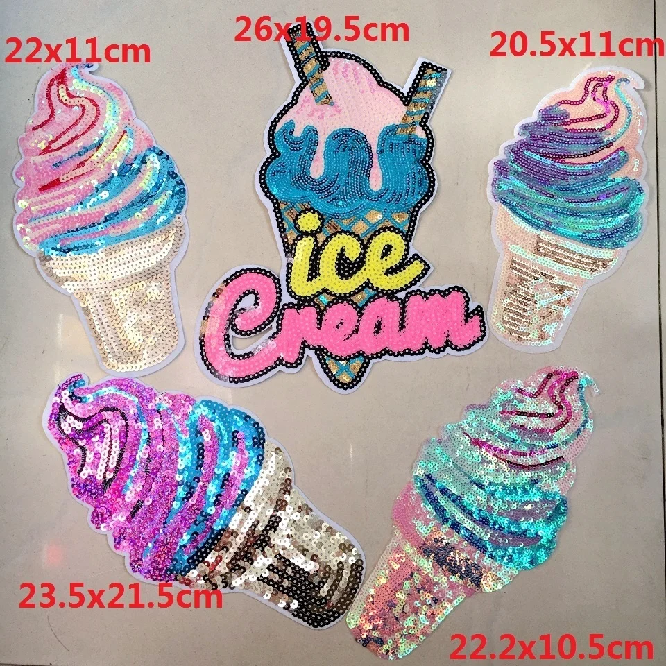 5 Styles Mix Sequin Patch for Clothes Motif Applique Shining Ice Cream Sew/Iron on Patches for Clothing Sequined Stickers