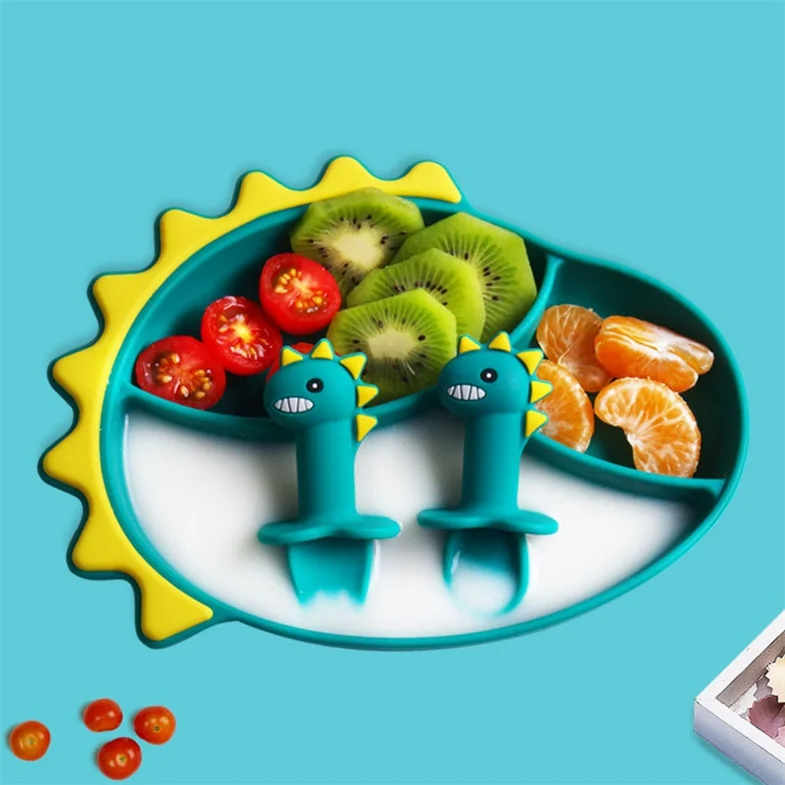 BPA Free Food Grade Dinosaur Animal Fork Spoon Feeding Silicon Plate Baby Set